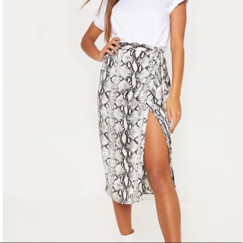 Snakeskin Satin Print Wrap Around Midi Skirt